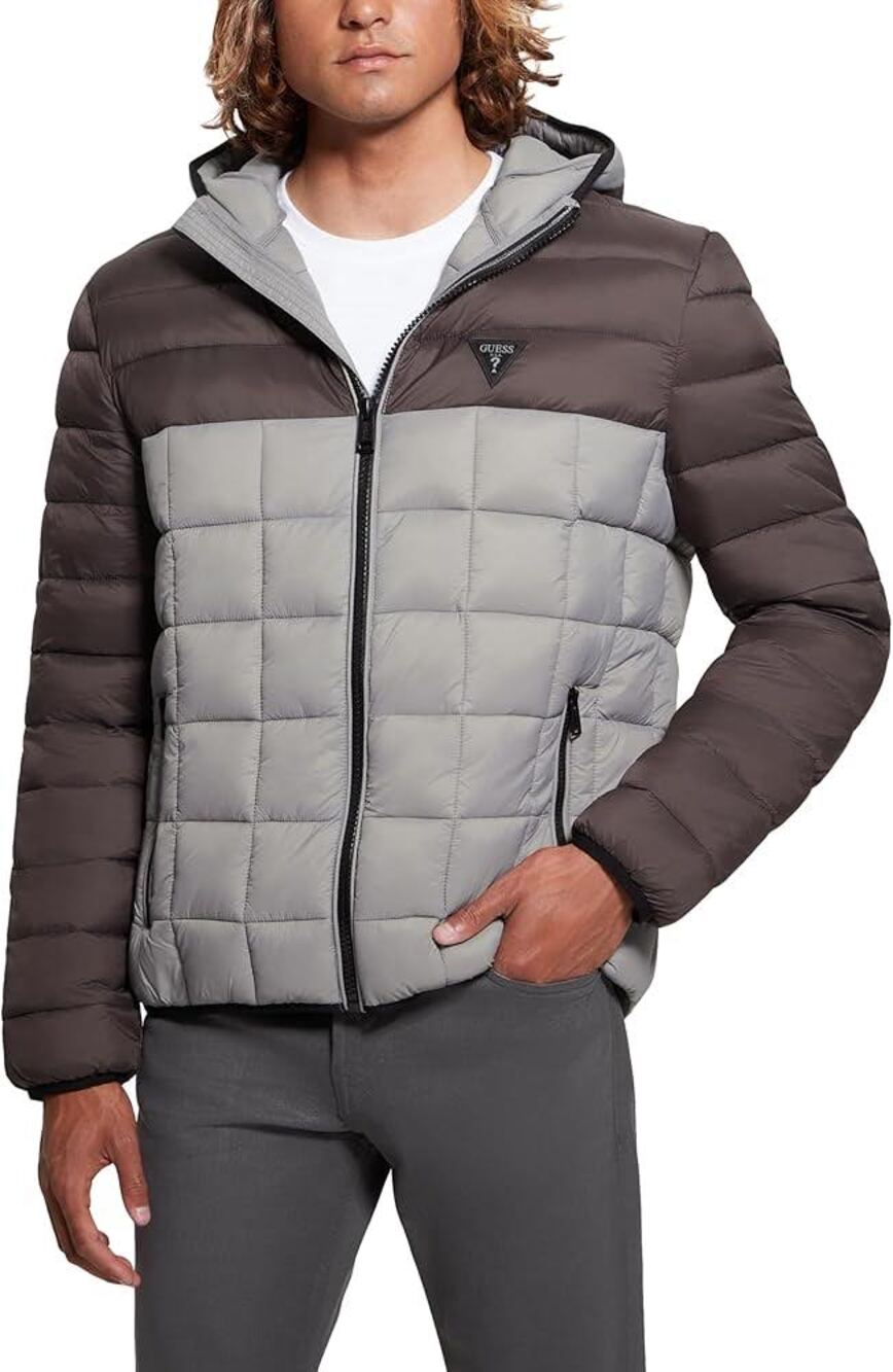 Mens Size Medium GUESS Jacob Quilted Jacket Pack Hooded Black Gray Colorblock
